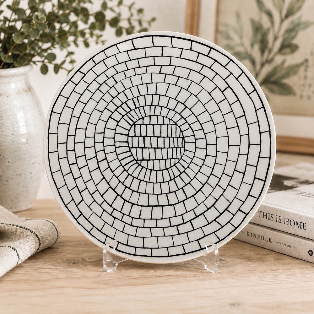 Anthropologie Vector Dinner Plate 11.5" Black White Italy Discontinued Crazing